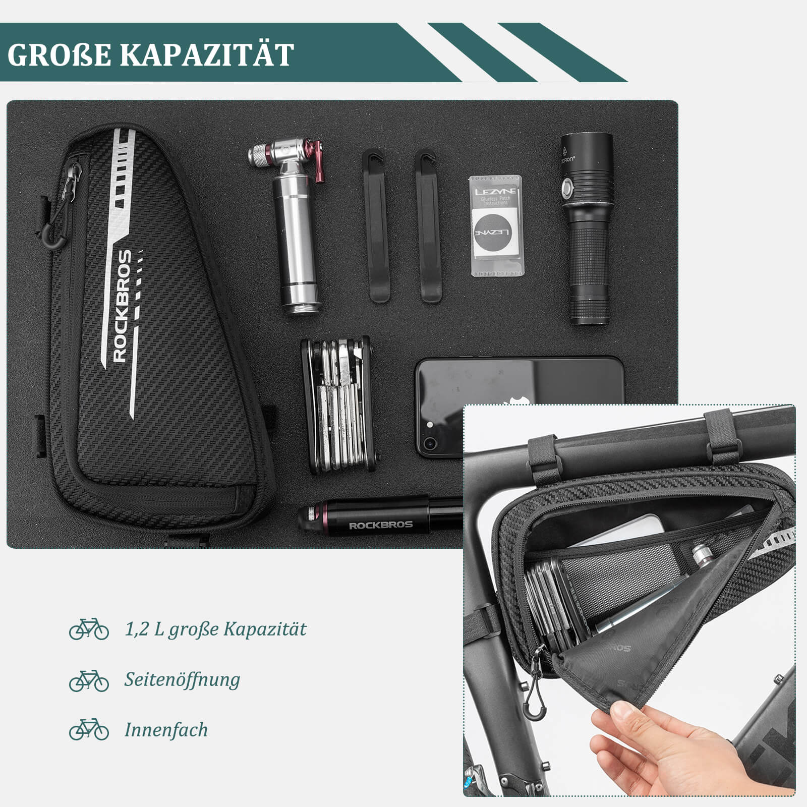 ROCKBROS Rahmentasche wasserdicht Dreieckstasche für MTB & Rennräder 1,2L - Image 16